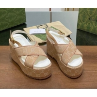 Good Product Gucci GG Denim Platform Wedge Sandals Beige 230132