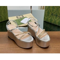 Grade Gucci Signoria Leather Platform Wedge Sandals with Logo Chain Silver 230137