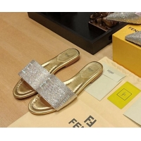 Hot Style Fendi Signature Flat Slide Sandals with Crystals Gold 326093