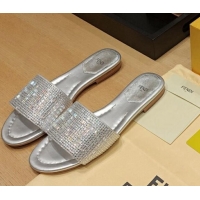 Good Looking Fendi Signature Flat Slide Sandals with Crystals Silver 326092