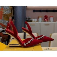 Duplicate Fendi First Slingback Pumps 7cm/9cm in Suede with Crystals Red 326042