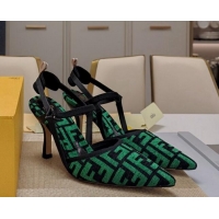 Top Grade Fendi Colibrì Lite High Heel Slingback Pumps 8.5cm in FF Chenille Fabric Green 326046