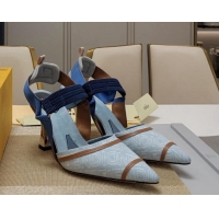 Grade Quality Fendi Colibrì Lite High Heel Slingback Pumps 8.5cm in Blue Washed Denim 326048