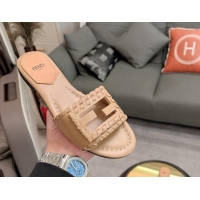 Good Quality Fendi Baguette Flat Slide Sandals in Calfskin with Lace-up Edges Beige 326055