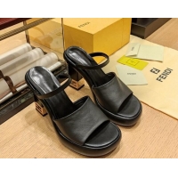 Grade Quality Fendi Baguette Heel Slide Sandals 9cm in Nappa Leather Black 326067