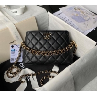 Unique Grade Chanel Shiny Crumpled Calfskin Clutch with Heart Chain AP3787 Black 2024