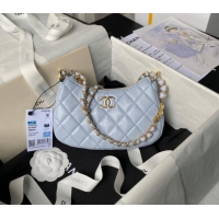 Top Quality Chanel Shiny Crumpled Calfskin Hobo Clutch with Heart Chain AP3786 Light Blue 2024