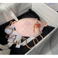 Top Grade Chanel Shiny Lambskin Waist Bag with CC Charm Chain AP4113 Light Pink 2024