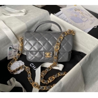 New Fashion Chanel Shiny Lambskin Mini Flap Bag with Top Handle and Buckle Chain AS4992 Grey 2024