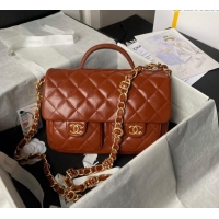 Shop Discount Chanel Shiny Lambskin Flap Bag with Top Handle and Pocket AS4993 Brown 2024