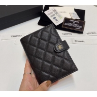 Unique Grade Chanel Grained Calfskin Passport Cover AP3196 Black/Gold 2024