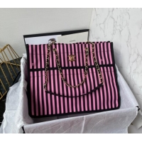 Top Quality Chanel Coco Beach Stripes Print Canvas Shopping Bag AS4693 Pink/Black 2024