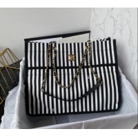 Traditional Specials Chanel Coco Beach Stripes Print Canvas Shopping Bag AS4693 White/Black 2024