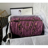 Famous Brand Chanel Coco Beach Stripes Printed Fabric Large Bowling Bag AS4696 Pink/Black 2024