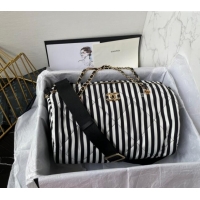 Grade Quality Chanel Coco Beach Stripes Printed Fabric Large Bowling Bag AS4696 White/Black 2024