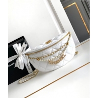 Buy Discount Chanel Shiny Lambskin Waist Bag with Pearls AS4991 White 2024