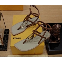 Best Price Fendi Baguette Flat Thong Sandals in Calfskin with Ankle Strap Brown 326082