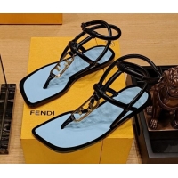 Pretty Style Fendi Baguette Flat Thong Sandals in Calfskin with Ankle Strap Black 326084