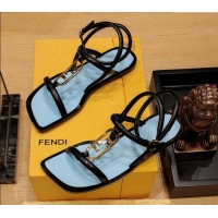 Classic Hot Fendi Baguette Flat Sandals in Calfskin Leather with Ankle Strap Black 326089