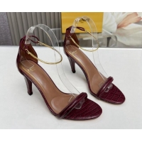 Expensive Fendi Filo high-heeled sandals 9cm in stone-Embossed Leather with Anklet Burgundy 604160