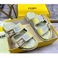 Most Popular Fendi Feel Feel Flat Slide Sandals in Printed Canvas Grey/Yellow 604171