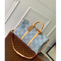 Famous Brand Louis Vuitton Keepall Bandoulière 50 Travel bag in Blue Damier Denim 3D Cotton N40739 2024