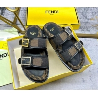 Top Grade Fendi Feel Feel Flat Slide Sandals in Printed Canvas Brown/Black 604174