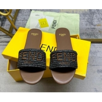 Classic Hot Fendi Signature Flat Slide Sandals in PP Straw Black 604178