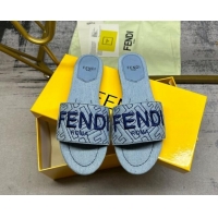 Purchase Fendi Signature Flat Slide Sandals in Quilted Denim Light Blue 604184