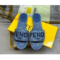 Luxurious Fendi Signature Flat Slide Sandals in Quilted Denim Dark Blue 604186