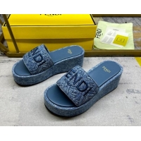 Best Product Fendi Sunshine Wedge Slide Sandals in Denim Dark Blue 604193