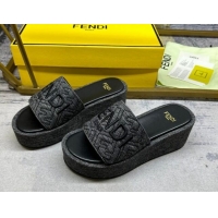 Best Grade Fendi Sunshine Wedge Slide Sandals in Denim Black 604194