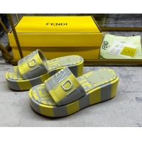 Top Grade Fendi Sunshine Wedge Slide Sandals in Printed Canvas Grey/Yellow 604195