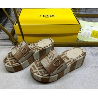 Pretty Style Fendi Sunshine Wedge Slide Sandals in Printed Canvas Grey/Brown 604196