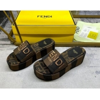 Most Popular Fendi Sunshine Wedge Slide Sandals in Printed Canvas Black/Brown 604197