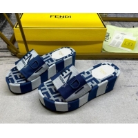 Luxurious Fendi Sunshine Wedge Slide Sandals in Printed Canvas Grey/Navy Blue 604198