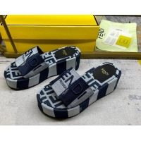 Good Product Fendi Sunshine Wedge Slide Sandals in Printed Canvas Grey/Dark Blue 604199