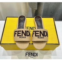 Good Quality Fendi Signature Flat Slide Sandals in Woven Fiber Khaki 702093