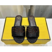 Unique Style Fendi Signature Flat Slide Sandals in Woven Fiber Black 702094