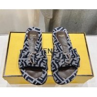 Duplicate Fendi Feel Flat Slide Sandals in FF jacquard Dark Blue 702106