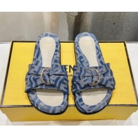 Hot Style Fendi Feel Flat Slide Sandals in FF jacquard Light Blue 702108