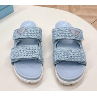 Buy Discount Prada Crochet Raffia Straw Effect Flat Slide Sandals Light Blue 327116