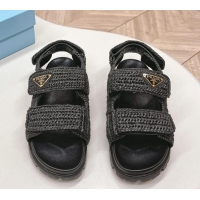 Stylish Prada Crochet Raffia-Like Flat Sandals Black 327110