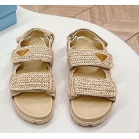 Best Product Prada Crochet Raffia-Like Flat Sandals Beige 327111