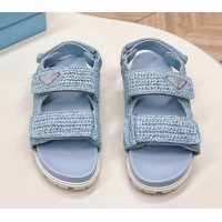 Top Grade Prada Crochet Raffia-Like Flat Sandals Light Blue 327113