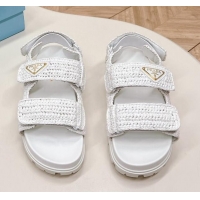 Stylish Prada Crochet Raffia-Like Flat Sandals White 327114