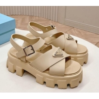 Grade Quality Prada Leather Platform Sandals 5.5cm with Cross Strap Beige 327118