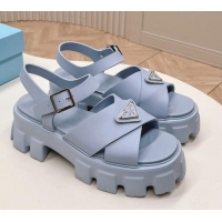 Best Grade Prada Leather Platform Sandals 5.5cm with Cross Strap Light Blue 327119