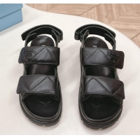 Luxury Prada Calf Leather Strap Flat Sandals Black 327122