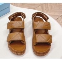 Perfect Prada Calf Leather Strap Flat Sandals Brown 327123